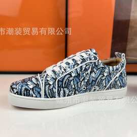 跨境cl andgz男鞋蓝色涂鸦牛皮系带铆钉低帮红底鞋女休闲板鞋情侣