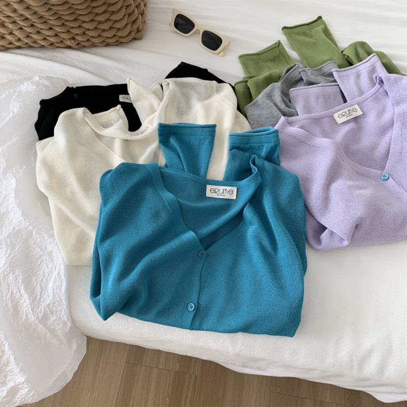 Summer Thin Style Vintage V-Neck Rolled-Edge Knit Cardigan for Women, Korean Version, Slimming, Versatile, Ice Silk, Sun Protection, Air Conditioning Shirt