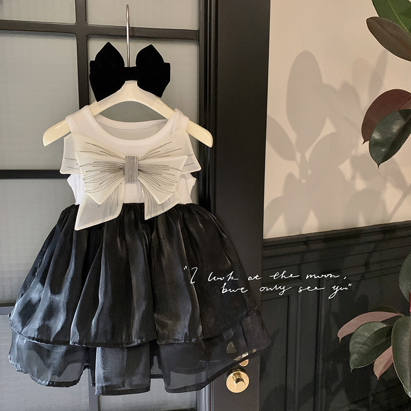Vestido negro elegante y con estilo para niñas, con lazo, estilo princesa, verano 2024, vestido tipo camiseta delgado estilo coreano