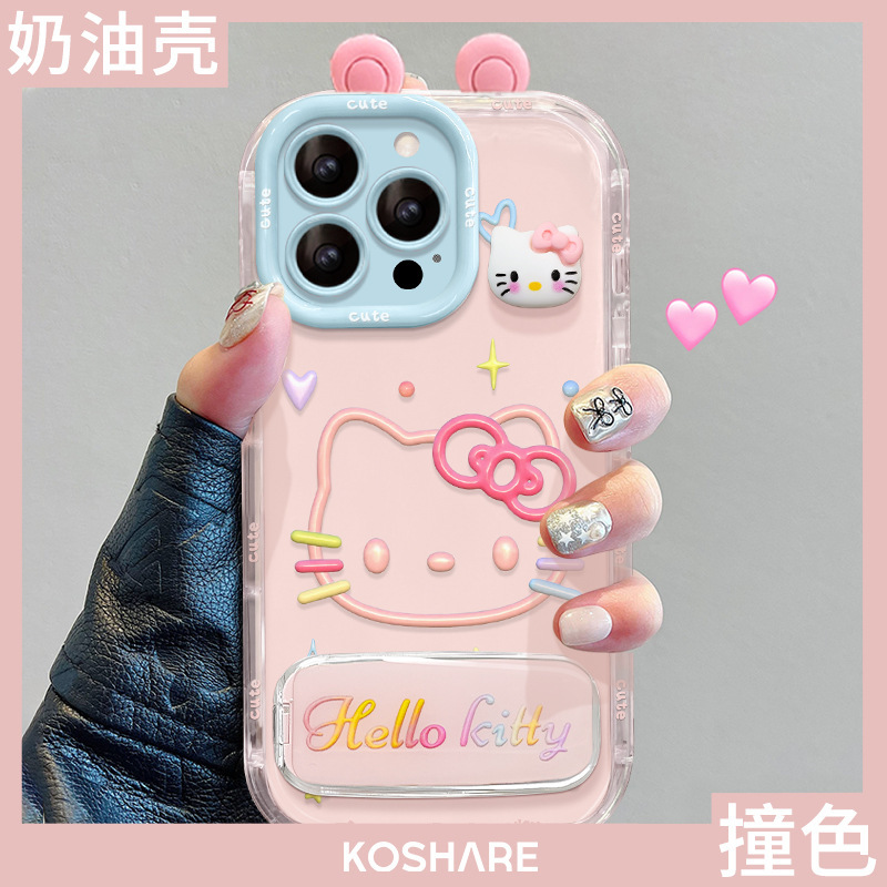 Apple 13 Pro Max用スマホケース、16eキュートなキティちゃんフィギュアスタンド付き、14ゼリー、15新作レディースモデル、17ハードケース|undefined