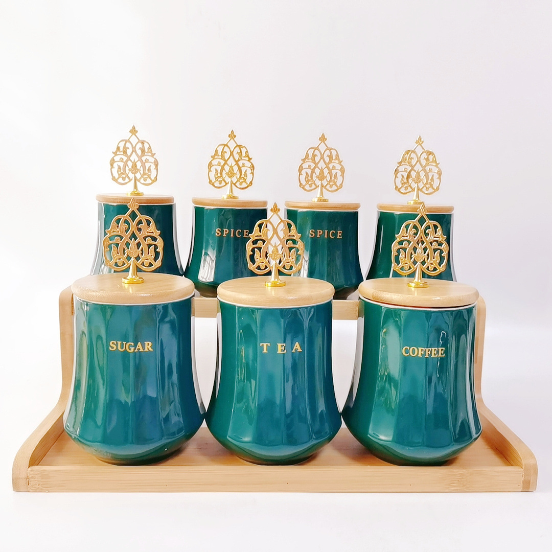 Exportación transfronteriza de latas cerámicas selladas, latas de té, latas de café, latas de almacenamiento de cocina, marcos de madera de doble capa, latas de condimento irregulares