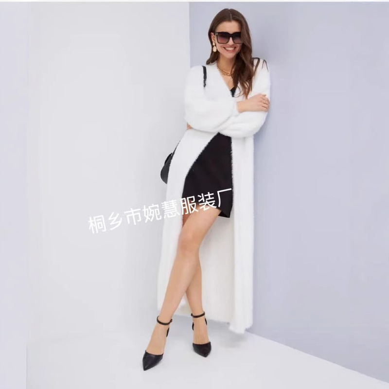 Imitation Mink White Knitwear Cardigan for Women Autumn and Winter Over-The-Knee Long Pure Color Knitwear Loose Lazy Style Outwear Jacket