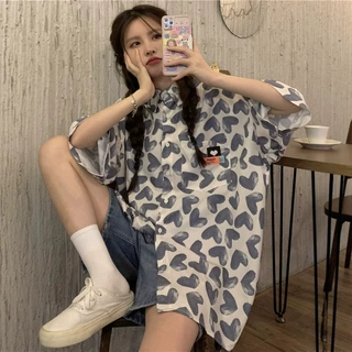 短袖衬衫女宽松复古港风设计感小众别致上衣爱心印花衬衣女夏薄款