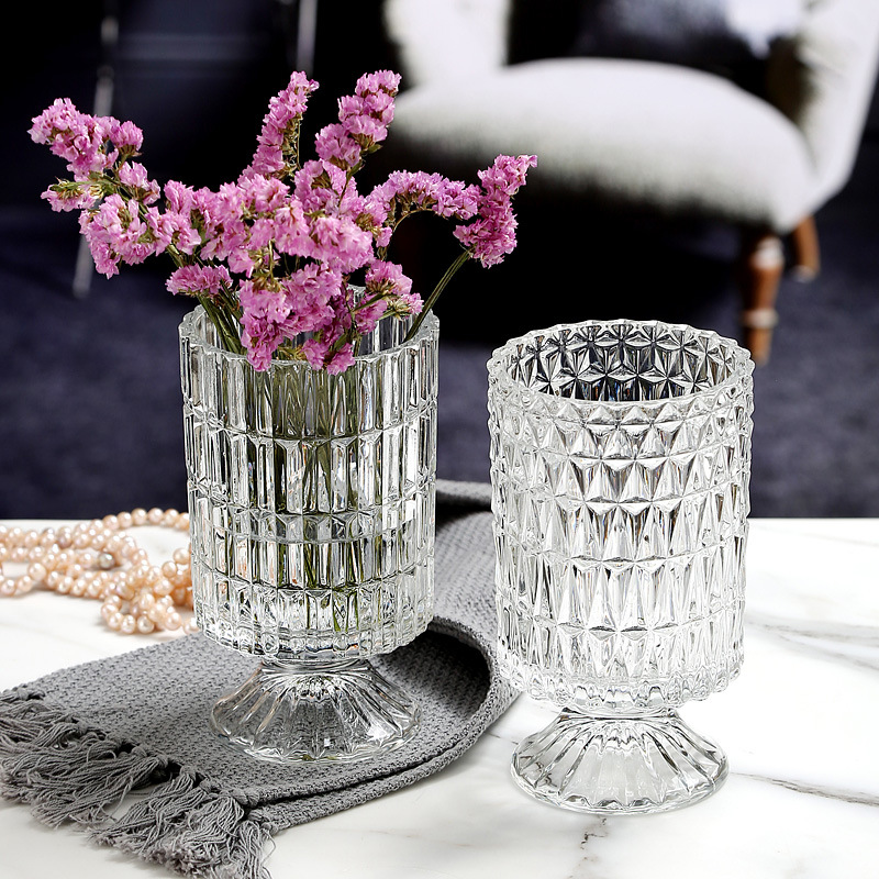 Creative European-style thick pattern glass tall footed vase with relief cylinder, fresh and minimalist dining table desk home decor accessory
