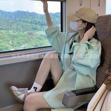 跨境厂家直销绿色长袖条纹衬衫2024年薄款防晒开衫衬衣宽松款外套
