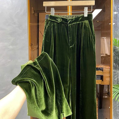 春と秋の高級感のある緑の金のベルベットは、腰の高いストレートのワイドパンツの女性がゆるくて痩せている感じのカジュアルなズボンです。