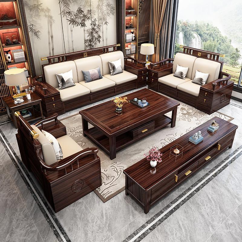 ✅ New Chinese-Style Ebony Wood Solid Wood Sofa Set, Light Luxury Modern Large Living Room Minimalist Villa Home