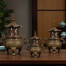 古玩收藏铜器塔炉双龙苏工仿古香炉做旧双耳戏珠黄铜薰炉摆设