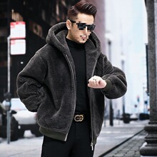 新款宽松连帽羊剪绒皮草大衣羊羔毛外套皮毛一体外套男冬夹克加厚