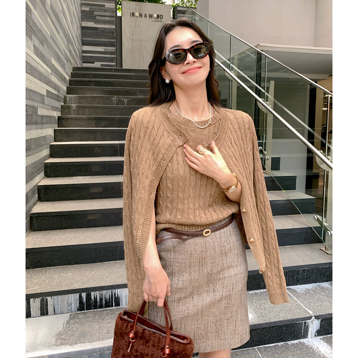 Женский костюм в гонконгском стиле из льняной ткани с крупной вязкой, тонкий вязаный кардиган, комплект из двух предметов с длинными рукавами