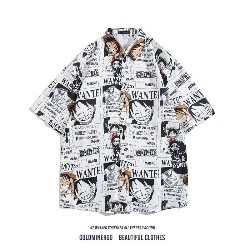 Luffy Graffiti Short-sleeved Shirt Men's Summer Thin Loose Trendy All-match Couple Shirt Half-sleeved