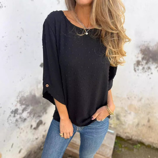 2024 Europe and the United States cross-border Amazon spring and autumn round neck chiffon jacquard fashion casual loose top T-shirt women's clothing