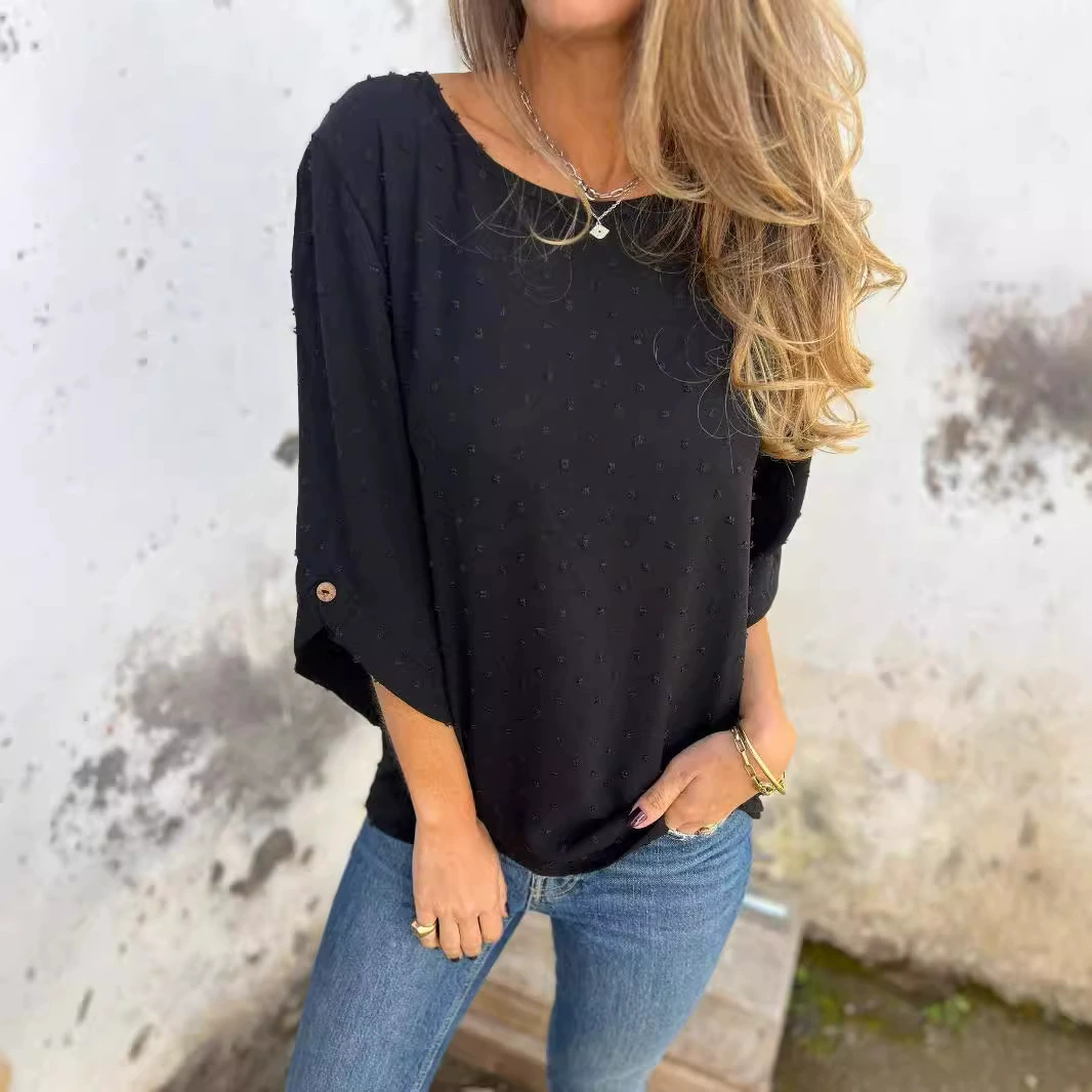 2025 European and American Cross-Border Amazon Spring and Autumn Round Neck Chiffon Jacquard Fashion Casual Loose Top T-Shirt Women's Clothing 2025 European and American Cross-Border Amazon Spring and Autumn Round Neck Chiffon Jacquard Fashion Casual Loose Top T-Shirt Women's Clothing