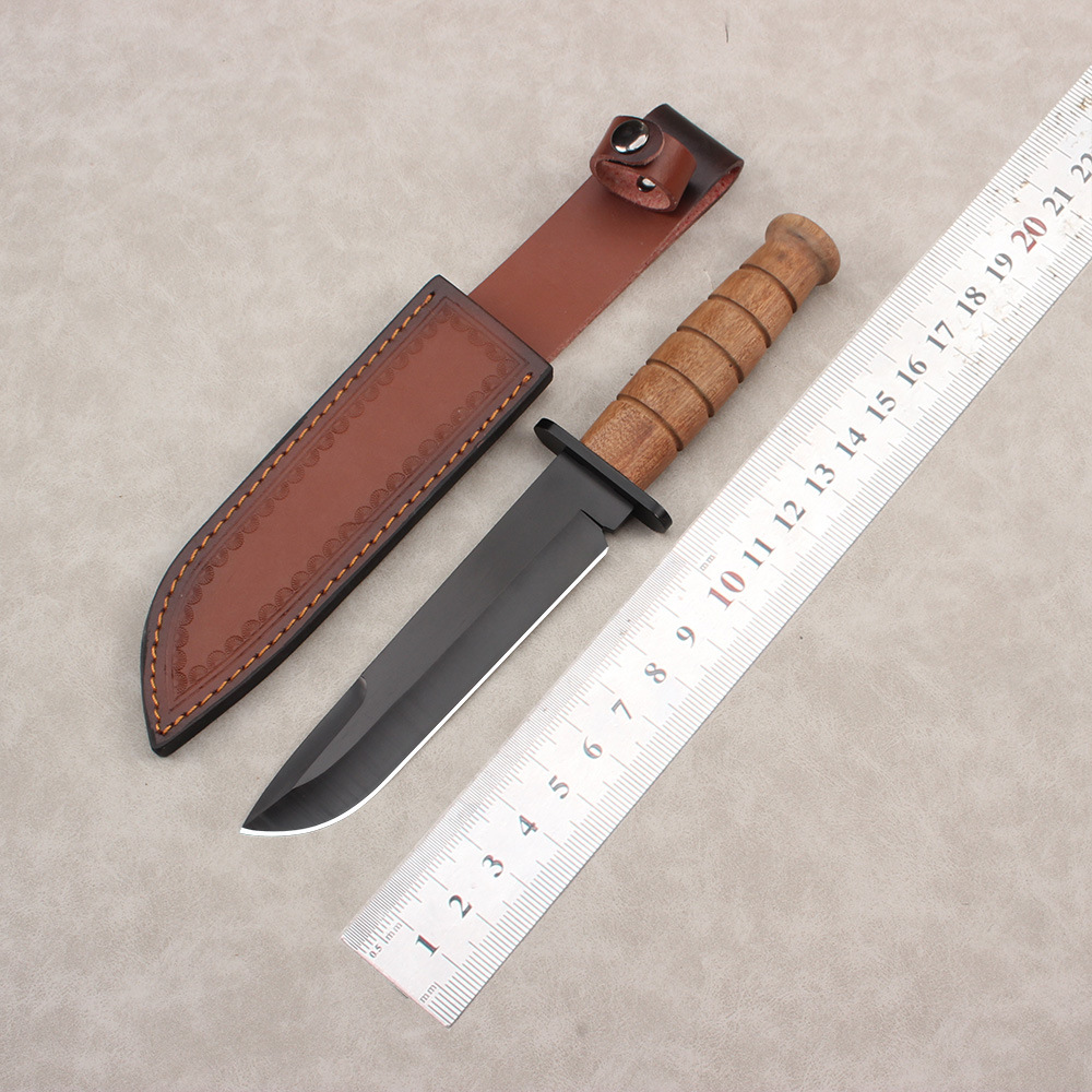 跨境一体龙骨木柄野营刀高硬度锋利战术刀户外刀具荒野求生求生刀