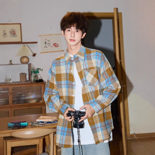 Japanese khaki plaid shirt, outerwear couple's Hong Kong-style chic loose casual couple's collared shirt