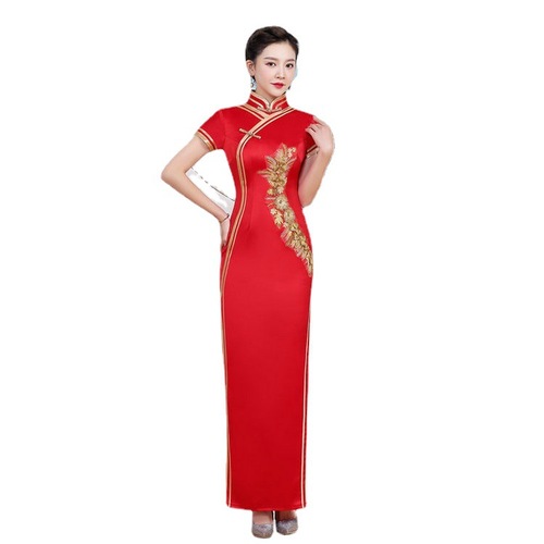 Red Turquoise Chinese dresses qipao retro cheongsam for women girls Long show runway cheongsam young girl China wind modified retro elegant dress