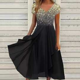 新款连衣裙夏季跨境女装连衣裙时尚都市休闲拼接雪纺女装欧美