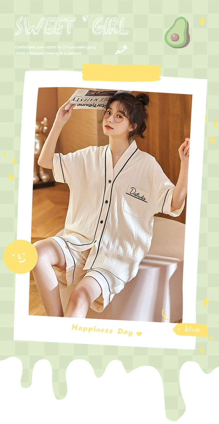 SLPBELY Summer Cotton Women Pajamas Set Homesuit V Neck Short Sleeve Cardigan Nightwear Pyjamas Sleepwear Sleepwear With Shorts ladies pyjamas sets