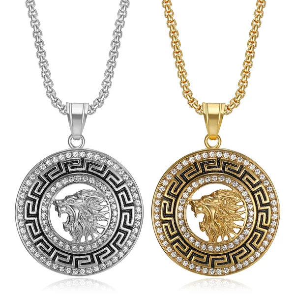 European and American cross-border new hip hop HIPHOP lion jewelry stainless steel gold-plated full diamond lion lifting necklace