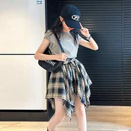 女童夏季背心裤裙套装2026女中大童格子裙t恤洋气时髦两件套街舞