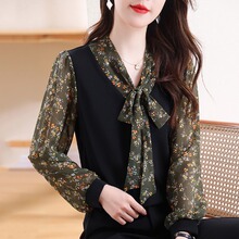 法式碎花雪纺上衣女假两件打底上衣2024冬季新款妈妈蝴蝶结小衫潮