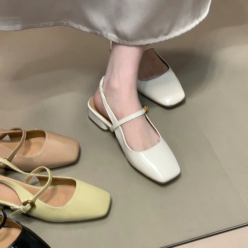2025 summer new square toe thick heel bag-toe sandals for women with back tripping summer low heel commuting sandals