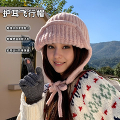 新款纯色毛线帽子女秋冬季护耳保暖飞行帽韩版个性时尚系绳针织帽