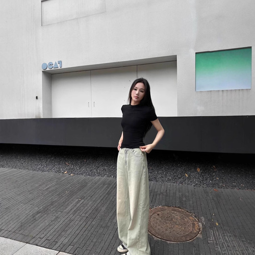 Summer High-Grade Light Wash Slimming Straight Wide-Leg Floor-Length Denim Pants