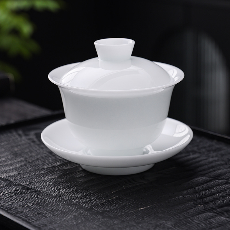 冰种璞玉瓷悬停盖碗茶杯白瓷三才茶碗套装家用茶具大号不烫手单个|undefined
