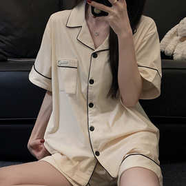 夏季新款睡衣女6535棉翻领开衫短袖短裤纯色简约舒适家居服套装
