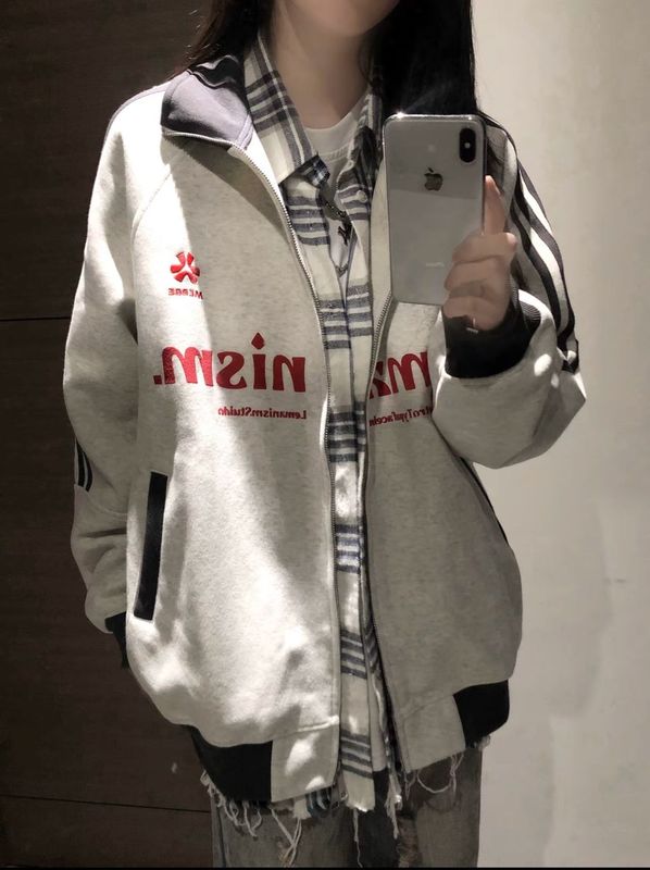 国潮牌灰色三条杠翻领无帽卫衣女春秋薄款宽松高级感开衫拉链外套|undefined