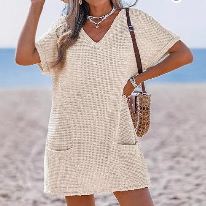 Amazon Cross-Border Women's Swimsuit Cover-Up Waffle Knitted V-Neck Short-Sleeved Beach Cover-Up Dress with Flap Pocket Pantss