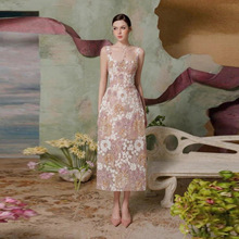 现货越南小众设计师重工亮片花朵吊带连衣裙气质蕾丝长裙50223