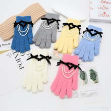 蝴蝶结冬季针织手套女纯色可爱五指保暖漏指可触屏分指骑行电动车