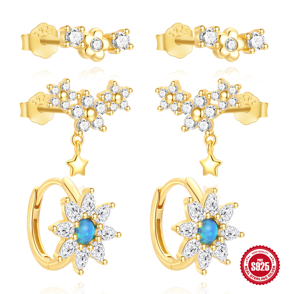 Moda europea y americana simple estilo ins s925 plata de ley azul ópalo costura gota de agua circón en pendientes de oreja de flores