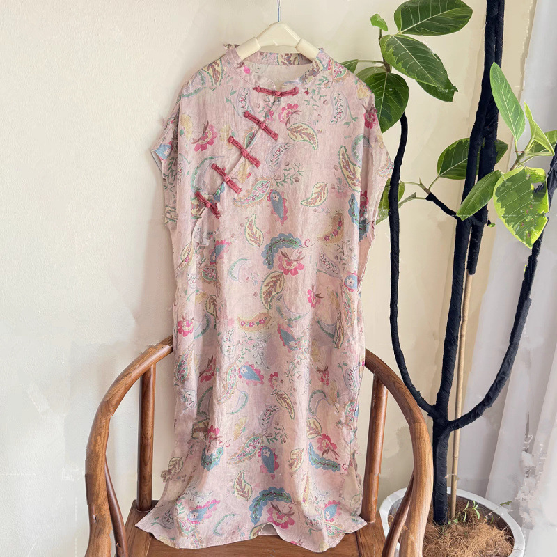 Summer Painted Cotton and Linen National Style Improved Cheongsam 2025 Summer Style Oblique Placket Buckle Elegant Age-Reducing Dress Long Skirt Summer Painted Cotton and Linen National Style Improved Cheongsam 2025 Summer Style Oblique Placket Buckle Elegant Age-Reducing Dress Long Skirt