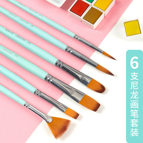 Watercolor nylon brushes 6 pack round head flat head pointed gouache acrylic painting art student brush set
