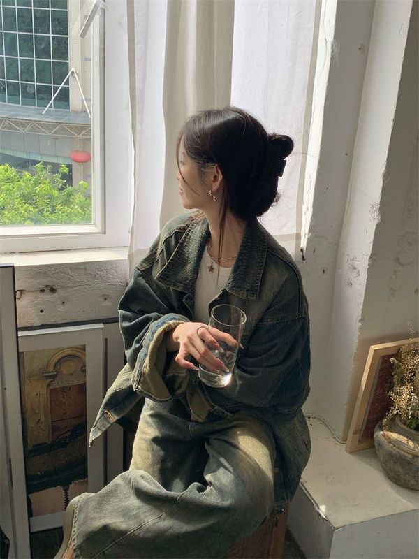 复古水洗牛仔外套女秋季2025新款设计感BF风polo领宽松长袖上衣潮|undefined