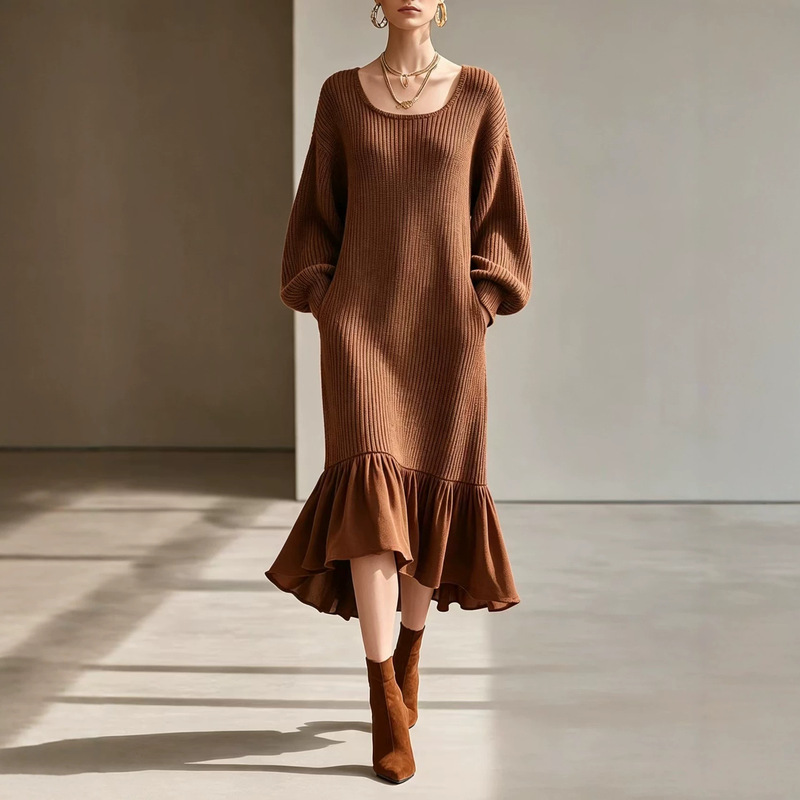 2026 New Round Neck Long Sleeve Knit Dress for Women, Loose Fit with Ruffle Hem, Elegant and Sophisticated Sweater Dress