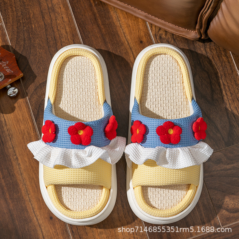 Zapatillas de lino para las mujeres primavera y otoño cuatro estaciones transpirable sudor-absorbente grueso inferior desgaste al aire libre hogar antideslizante mudo lindo conejo de dibujos animados