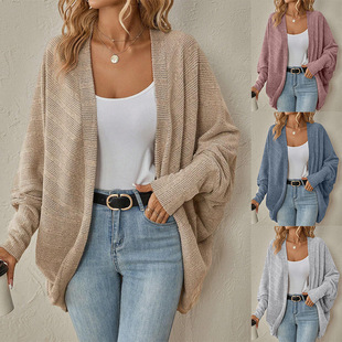 European and American Cross-Border 2025 Amazon Autumn and Winter New Women's Fashion Bat Sleeve Cardigan Loose Knitted Jacket