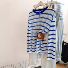 ストライプ日焼け止めシャツ、ブラウス、女性用長袖Tシャツ、夏のデザイン、ニッチなリラックス感、薄いアイスシルクニットトップ