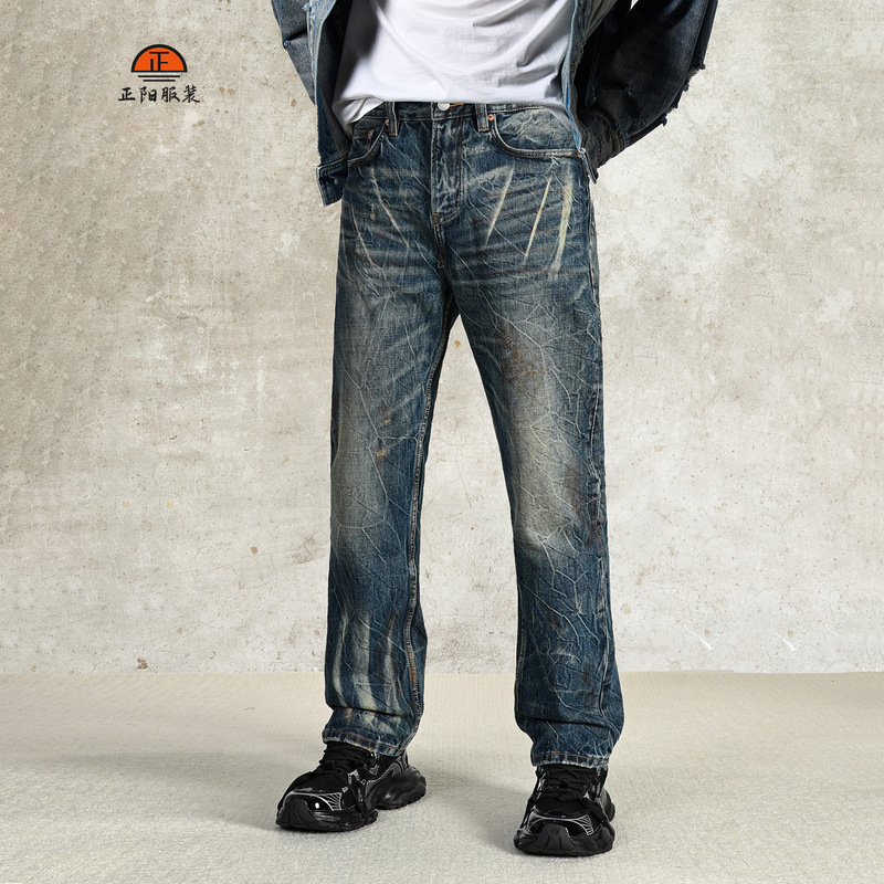 Men's Heavy-Duty Washed Lightning Pattern Distressed Three-Dimensional Whiskered Indigo Cotton Non-Stretch Wide-Leg Jeans