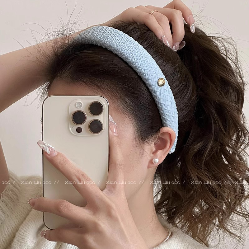 Diadema de esponja a cuadros azul, diadema de cabeza alta para mujer, diadema de cabeza alta, todo fósforo de verano, toalogas de horquilla para salidas diarias