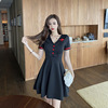 V-neck low breasted button decorative waist closed A-line umbrella swing skirt base skirt Short Sleeve Dress