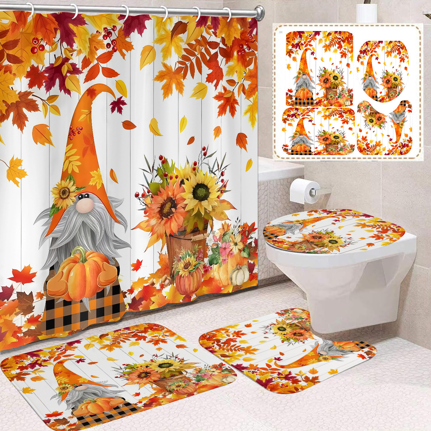 Cortina de ducha de Acción de Gracias, cosecha de otoño, serie de calabaza, cortina de ducha, cortina de baño, cortina de baño impermeable de poliéster, cortina de baño de cuatro piezas image 3