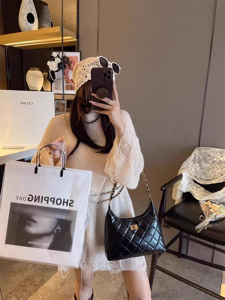 Túi tote nữ da thật kiểu tweed đeo chéo dây xích chần bông — Màu đen, Đỏ Ancora, Cà phê Mocha, Màu nâu chi tiết 24