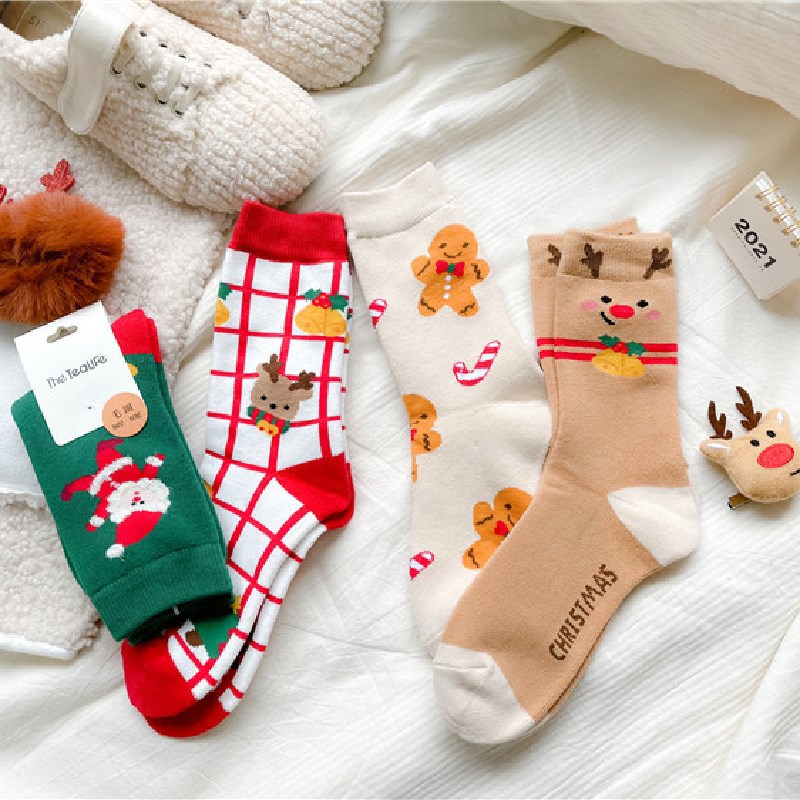 圣诞袜秋冬新款女士加厚毛圈圣诞树中筒棉袜毛巾麋鹿保暖袜子批发|ms