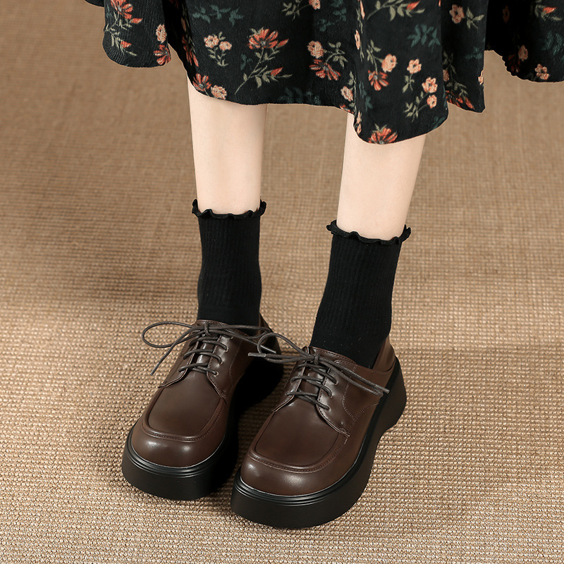 Genuine Leather Thick-soled Loafers Women's 2024 New Arrival fleece-lined Student's All-match Puffin English Style Pig-loin Small Leather Shoes