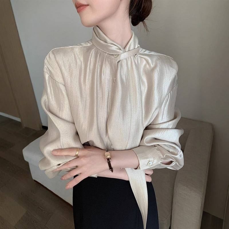 Champagne-Colored High-Neck Long-Sleeve Ribbon Shirt for Women, Autumn 2025 New French-Style Elegant and Unique Fashion Top